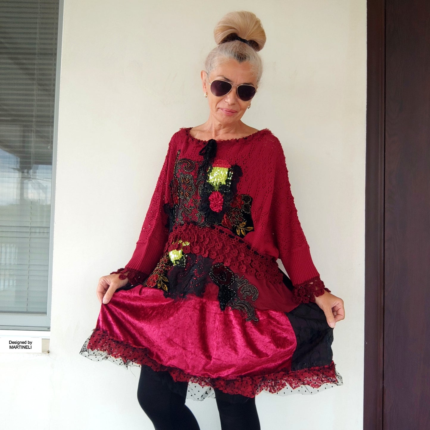 Plus Size Wine Red Sweater Dress,XL/4XL Upcycled Embroidered Knit Tunic