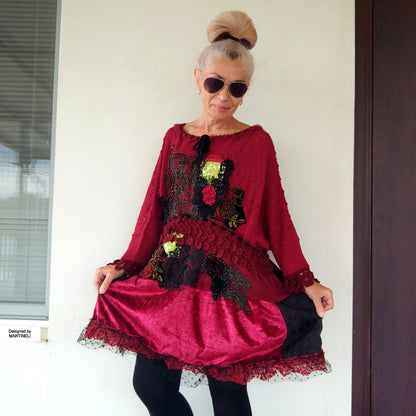 Plus Size Wine Red Sweater Dress,XL/4XL Upcycled Embroidered Knit Tunic