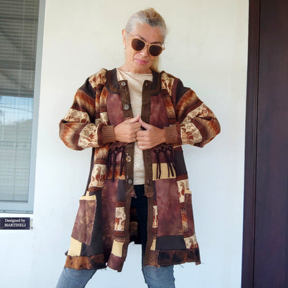 Plus Size Upcycled Wool Cardigan Jacket: 2XL Boho Patchwork Denim Sweater Coat
