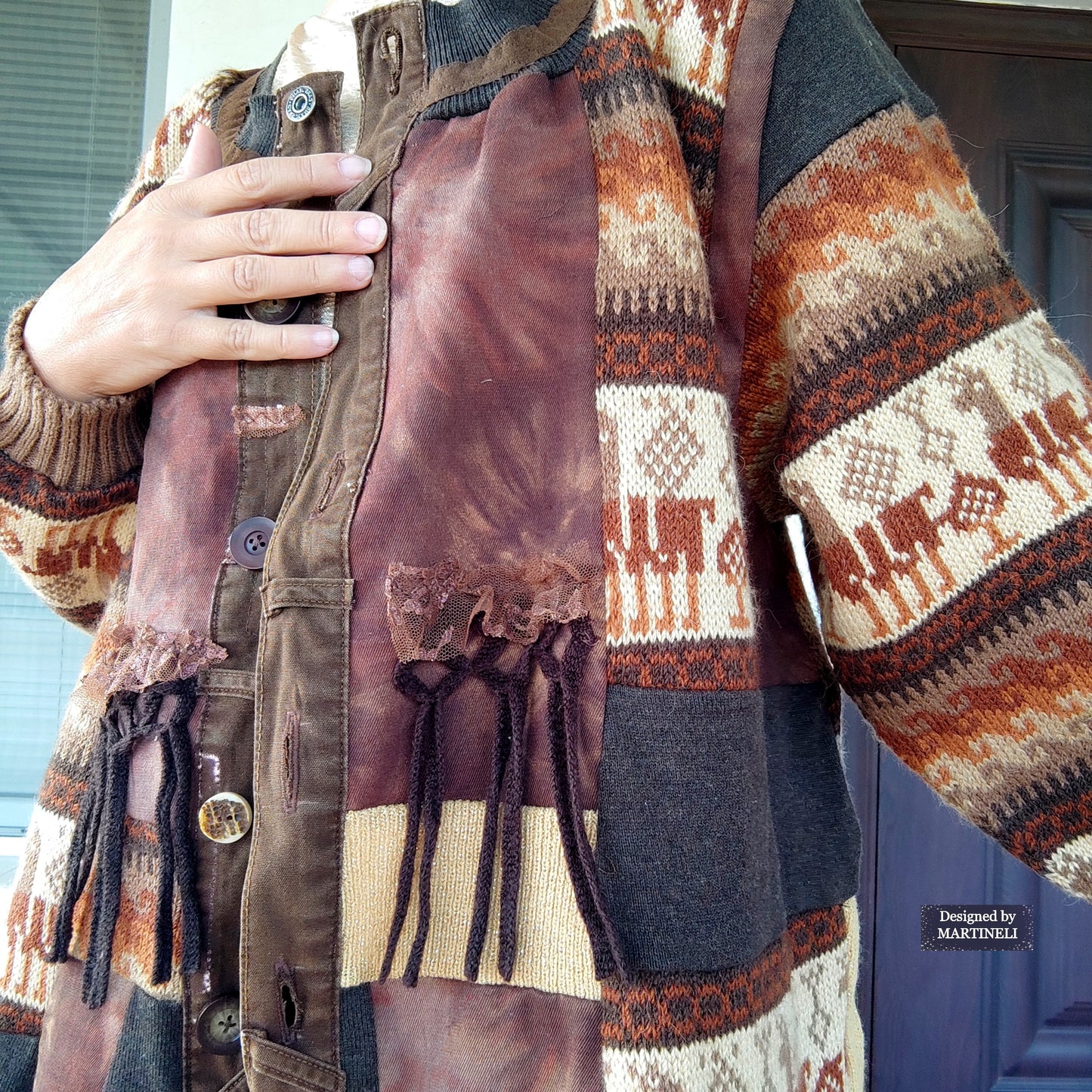 Plus Size Upcycled Wool Cardigan Jacket: 2XL Boho Patchwork Denim Sweater Coat