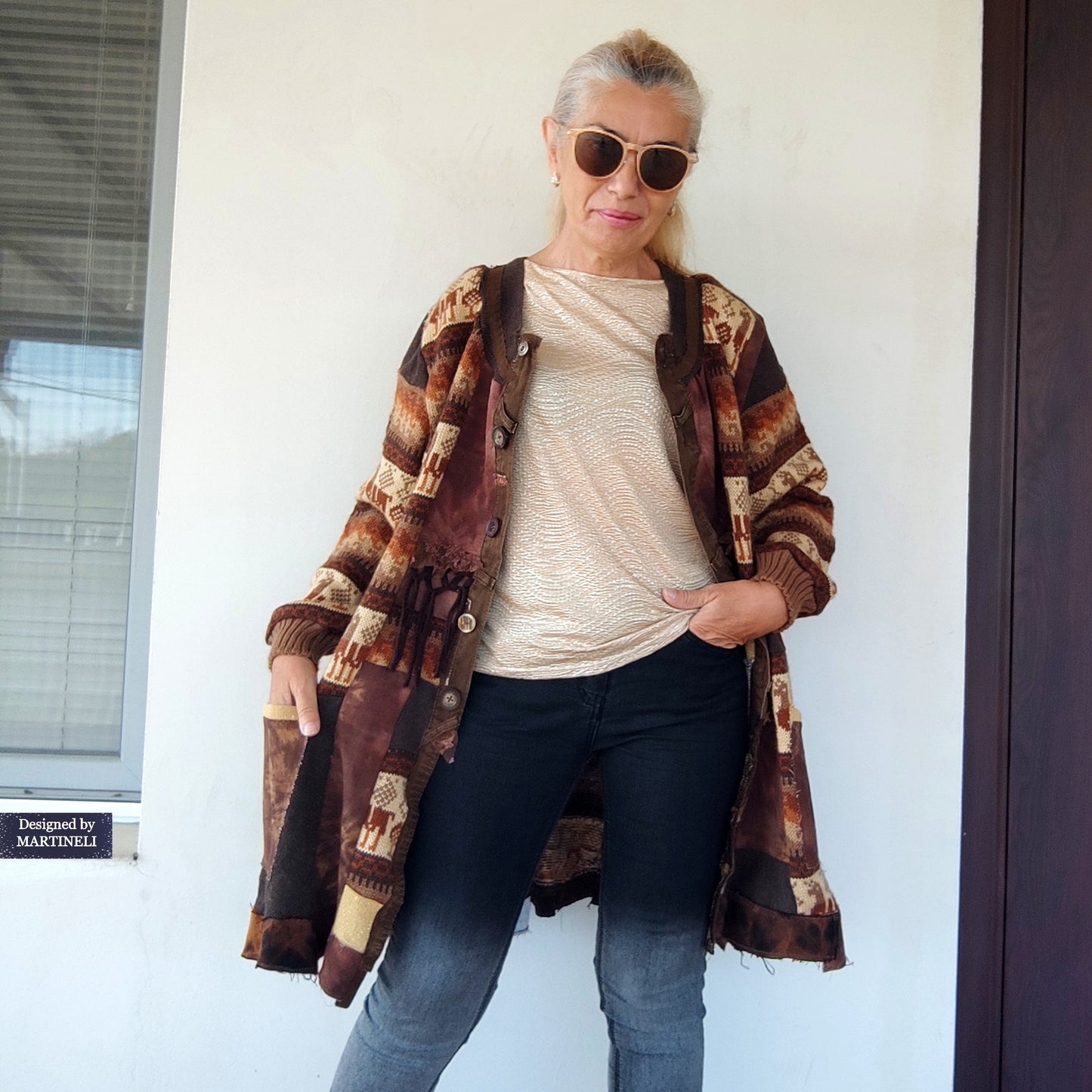 Plus Size Upcycled Wool Cardigan Jacket: 2XL Boho Patchwork Denim Sweater Coat