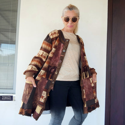 Plus Size Upcycled Wool Cardigan Jacket: 2XL Boho Patchwork Denim Sweater Coat
