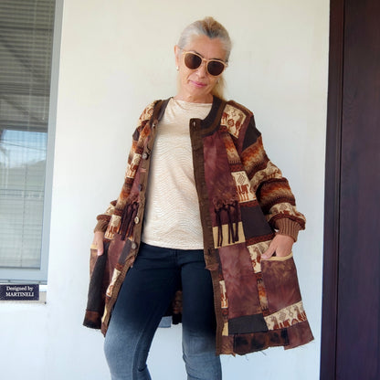 Plus Size Upcycled Wool Cardigan Jacket: 2XL Boho Patchwork Denim Sweater Coat