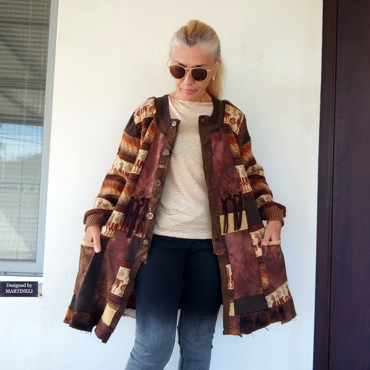 Plus Size Upcycled Wool Cardigan Jacket: 2XL Boho Patchwork Denim Sweater Coat