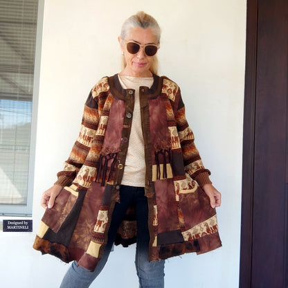 Plus Size Upcycled Wool Cardigan Jacket: 2XL Boho Patchwork Denim Sweater Coat