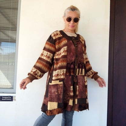 Plus Size Upcycled Wool Cardigan Jacket: 2XL Boho Patchwork Denim Sweater Coat