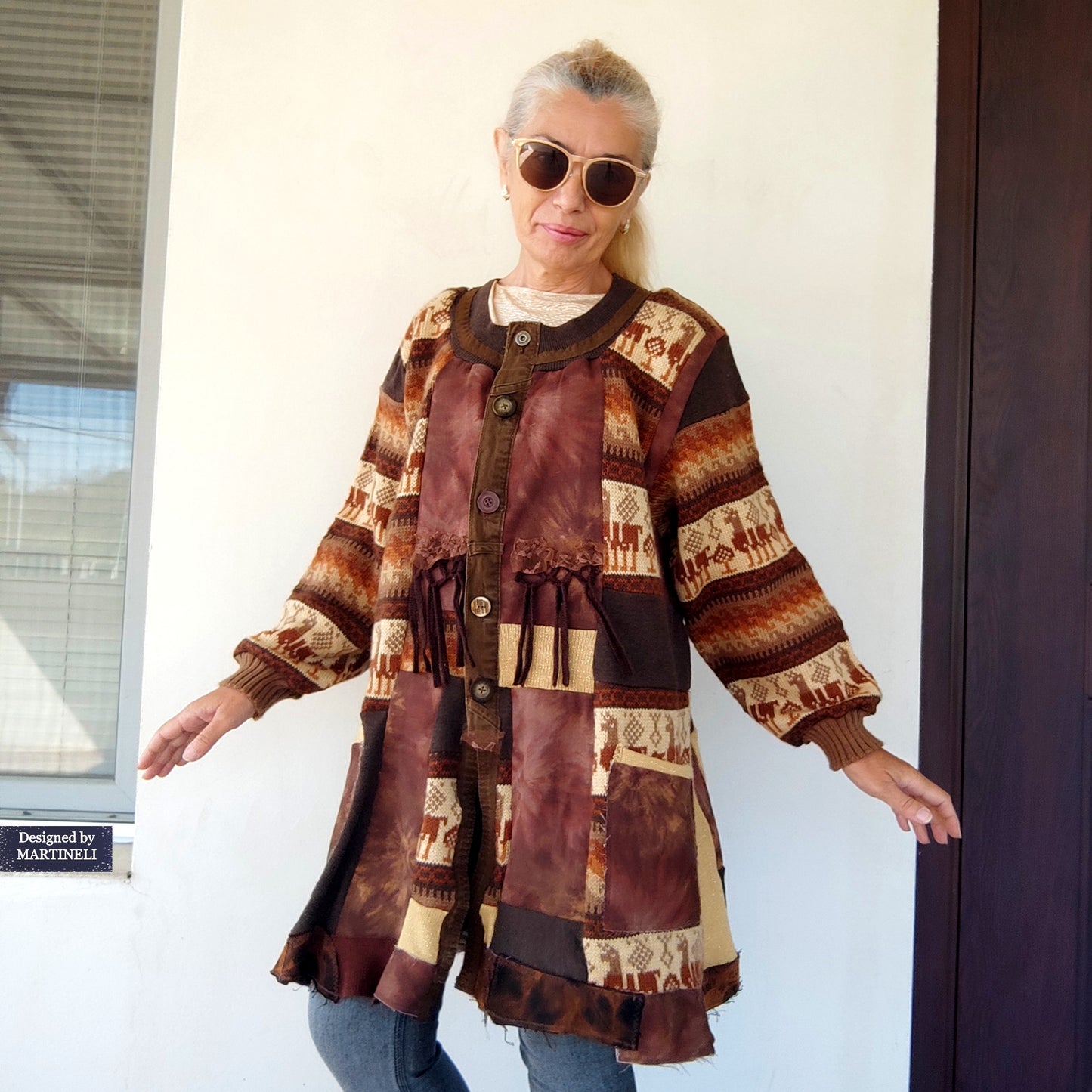 Plus Size Upcycled Wool Cardigan Jacket: 2XL Boho Patchwork Denim Sweater Coat