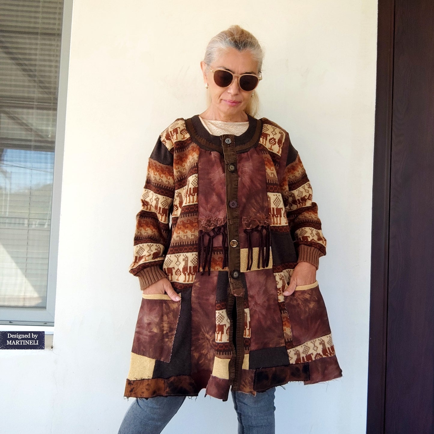 Plus Size Upcycled Wool Cardigan Jacket: 2XL Boho Patchwork Denim Sweater Coat