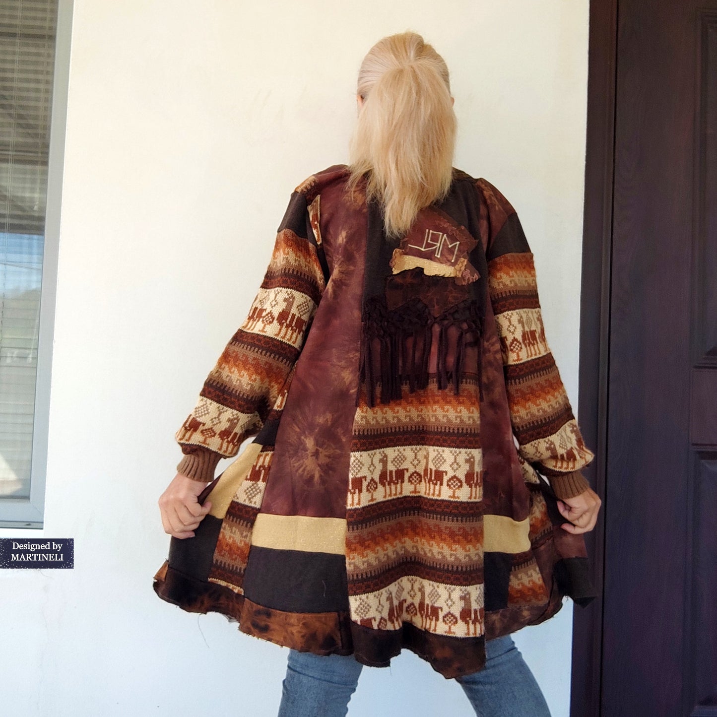 Plus Size Upcycled Wool Cardigan Jacket: 2XL Boho Patchwork Denim Sweater Coat