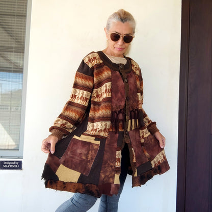 Plus Size Upcycled Wool Cardigan Jacket: 2XL Boho Patchwork Denim Sweater Coat