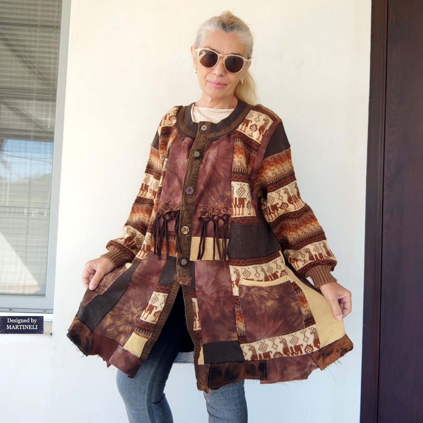 Plus Size Upcycled Wool Cardigan Jacket: 2XL Boho Patchwork Denim Sweater Coat