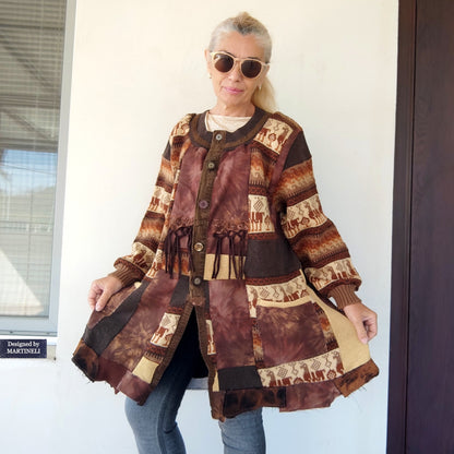Plus Size Upcycled Wool Cardigan Jacket: 2XL Boho Patchwork Denim Sweater Coat