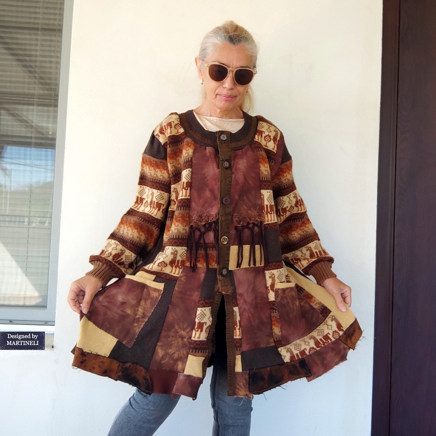 Plus Size Upcycled Wool Cardigan Jacket: 2XL Boho Patchwork Denim Sweater Coat