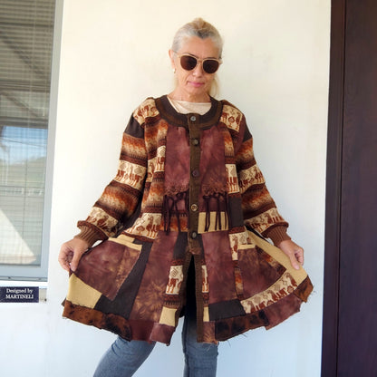 Plus Size Upcycled Wool Cardigan Jacket: 2XL Boho Patchwork Denim Sweater Coat