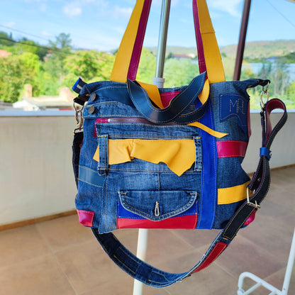 Boho Denim&Leather Shoulder Bag High End Italian Leather Tote Bag-Colorful Artsy Crossbody Purse,Big Soft Leather Distressed Denim Handbag