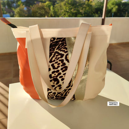 Animal Print Leather Tote Bag,Large Beige Italian Leather Shoulder Bag