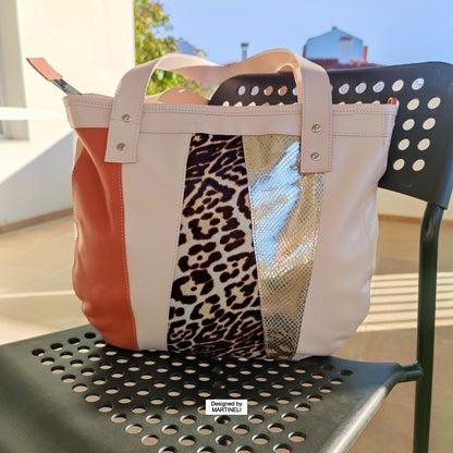 Animal Print Leather Tote Bag,Large Beige Italian Leather Shoulder Bag