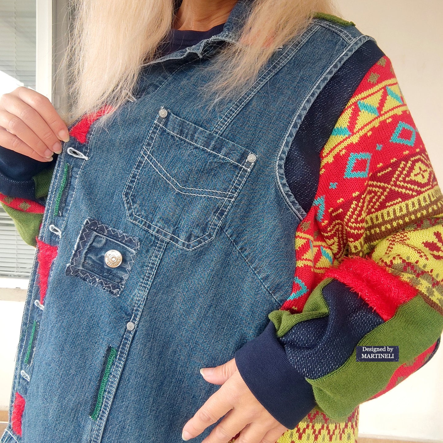 Plus Size Upcycled Denim Jacket, 5XL Colorful Patchwork Boho Cardigan