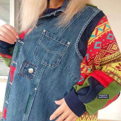 Plus Size Upcycled Denim Jacket, 5XL Colorful Patchwork Boho Cardigan