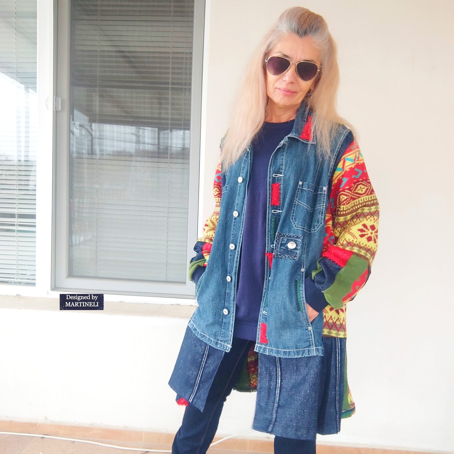 Plus Size Upcycled Denim Jacket, 5XL Colorful Patchwork Boho Cardigan