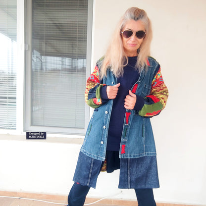 Plus Size Upcycled Denim Jacket, 5XL Colorful Patchwork Boho Cardigan