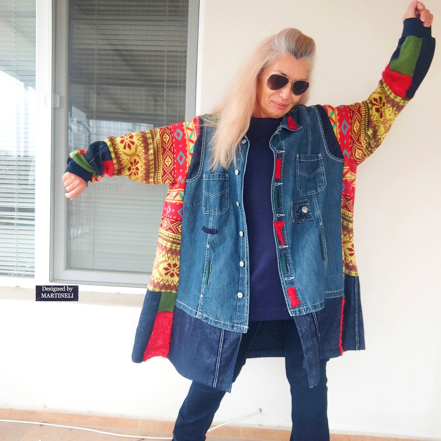 Plus Size Upcycled Denim Jacket, 5XL Colorful Patchwork Boho Cardigan