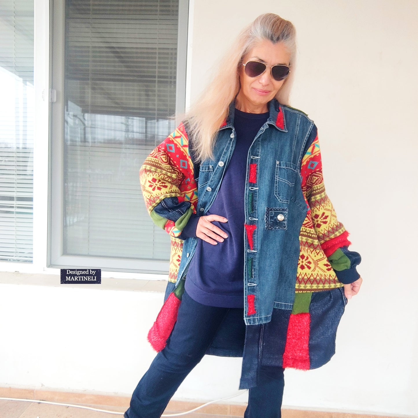 Plus Size Upcycled Denim Jacket, 5XL Colorful Patchwork Boho Cardigan