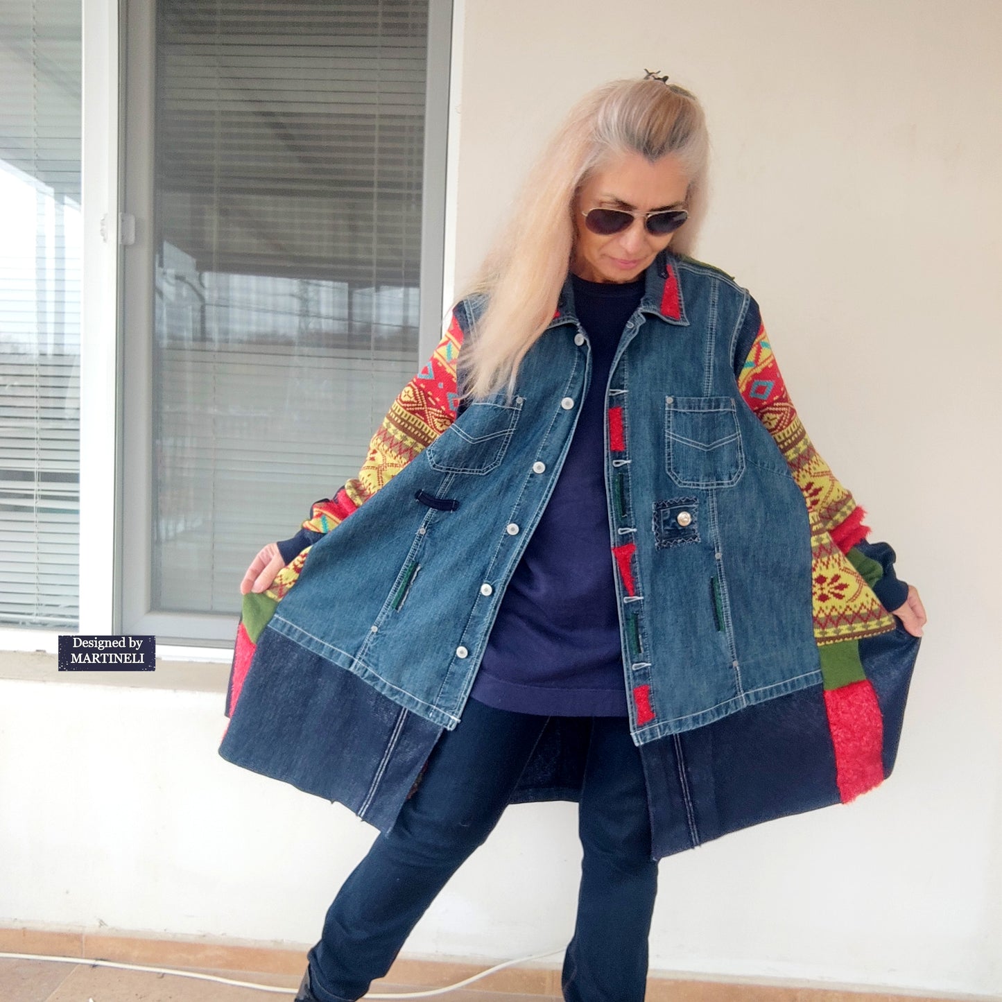Plus Size Upcycled Denim Jacket, 5XL Colorful Patchwork Boho Cardigan