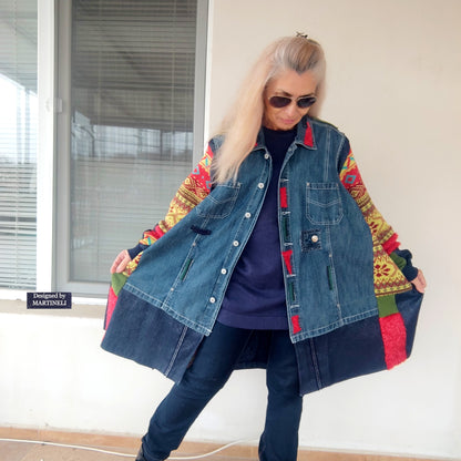 Plus Size Upcycled Denim Jacket, 5XL Colorful Patchwork Boho Cardigan