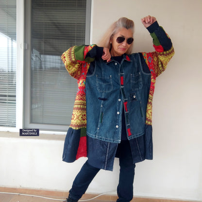 Plus Size Upcycled Denim Jacket, 5XL Colorful Patchwork Boho Cardigan