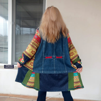 Plus Size Upcycled Denim Jacket, 5XL Colorful Patchwork Boho Cardigan