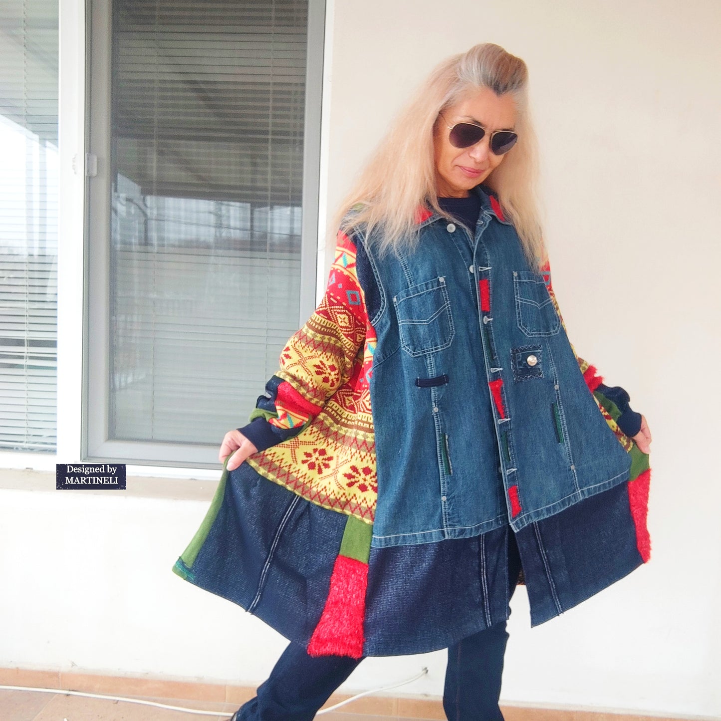 Plus Size Upcycled Denim Jacket, 5XL Colorful Patchwork Boho Cardigan