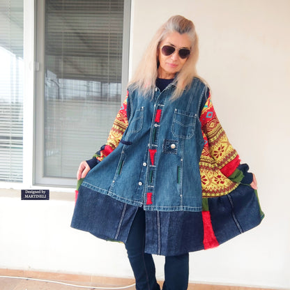 Plus Size Upcycled Denim Jacket, 5XL Colorful Patchwork Boho Cardigan