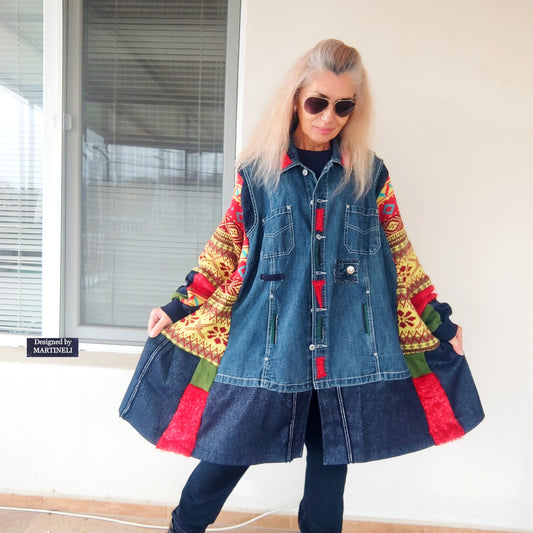 Plus Size Upcycled Denim Jacket, 5XL Colorful Patchwork Boho Cardigan