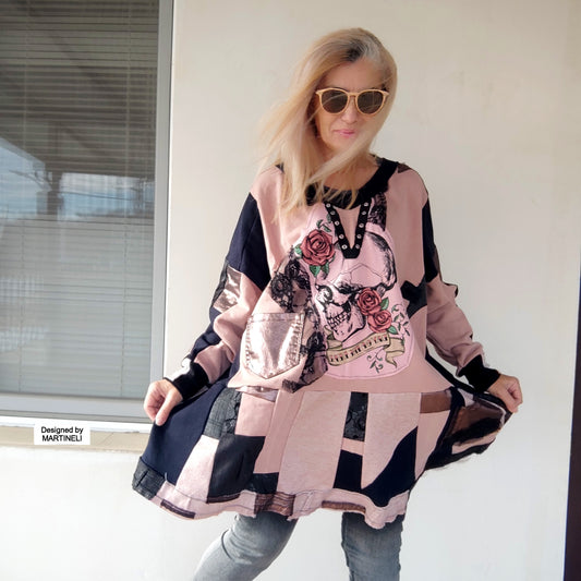 Plus Size Pink Skull Sweatshirt Dress,3X/4X Maxi Gothic Dress
