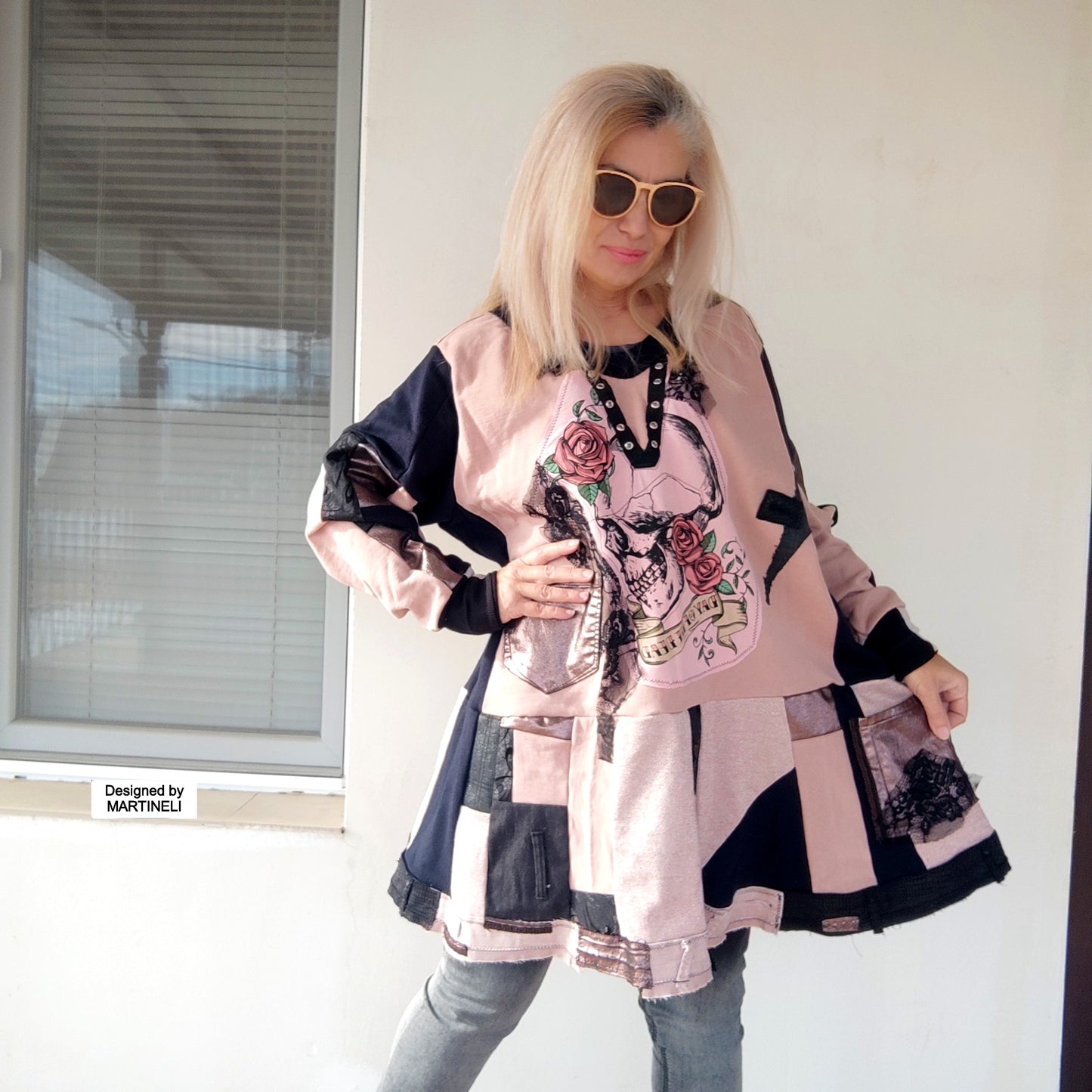 Plus Size Pink Skull Sweatshirt Dress,3X/4X Maxi Gothic Dress