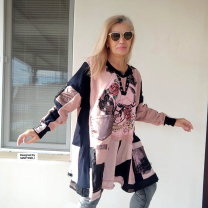 Plus Size Pink Skull Sweatshirt Dress,3X/4X Maxi Gothic Dress