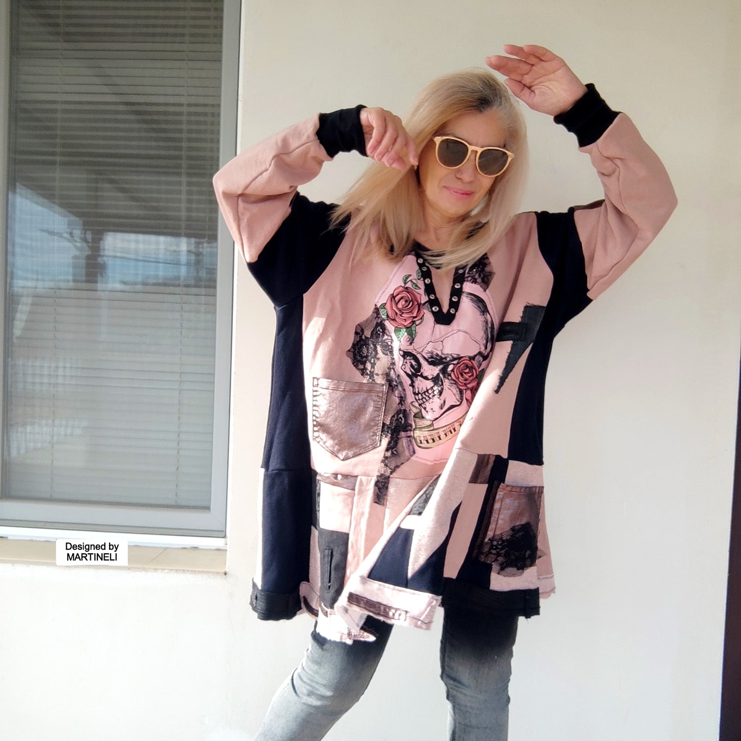 Plus Size Pink Skull Sweatshirt Dress,3X/4X Maxi Gothic Dress