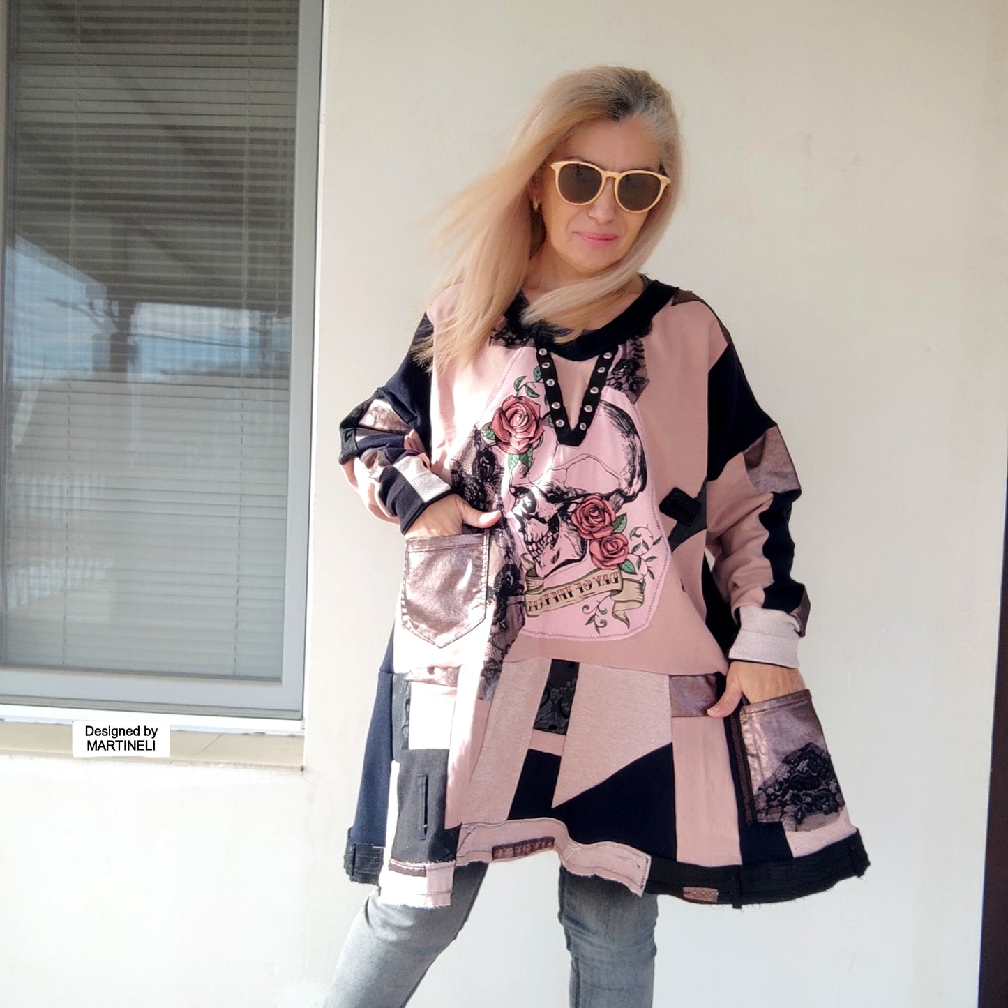 Plus Size Pink Skull Sweatshirt Dress,3X/4X Maxi Gothic Dress