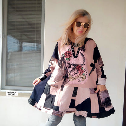 Plus Size Pink Skull Sweatshirt Dress,3X/4X Maxi Gothic Dress