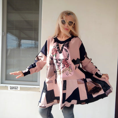 Plus Size Pink Skull Sweatshirt Dress,3X/4X Maxi Gothic Dress