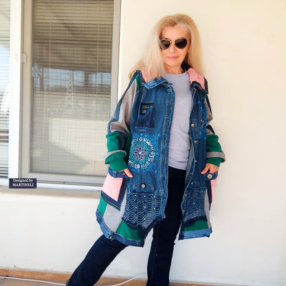 Plus Size Upcycled Denim Patchwork Jacket, 3XL Boho Festival Duster Coat