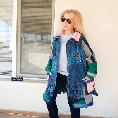 Plus Size Upcycled Denim Patchwork Jacket, 3XL Boho Festival Duster Coat