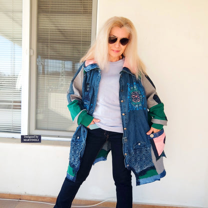 Plus Size Upcycled Denim Patchwork Jacket, 3XL Boho Festival Duster Coat
