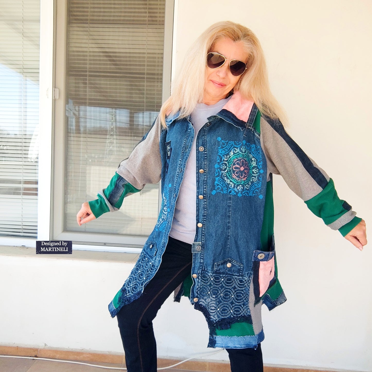 Plus Size Upcycled Denim Patchwork Jacket, 3XL Boho Festival Duster Coat