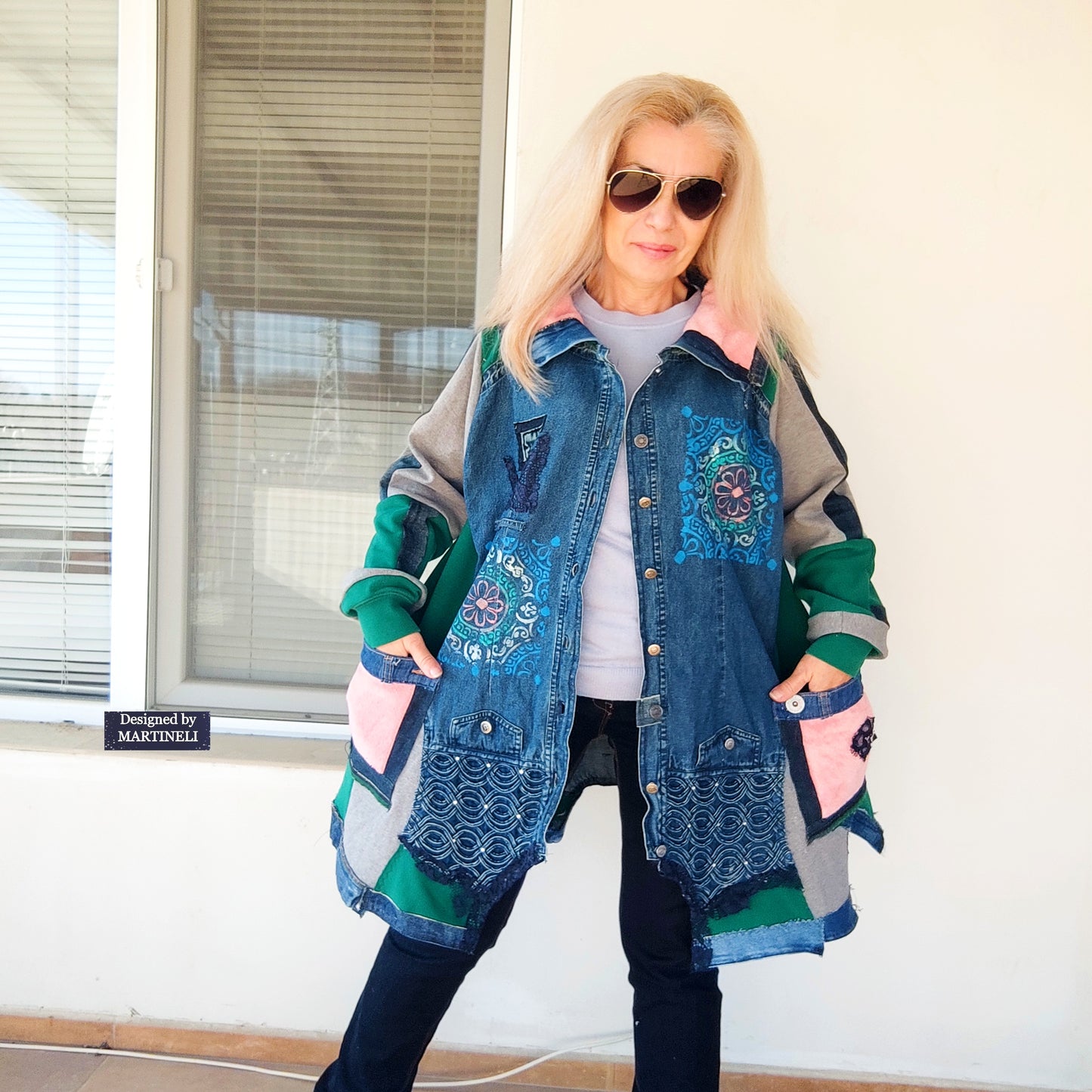 Plus Size Upcycled Denim Patchwork Jacket, 3XL Boho Festival Duster Coat
