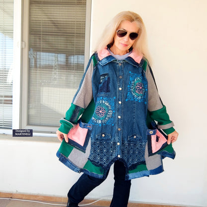Plus Size Upcycled Denim Patchwork Jacket, 3XL Boho Festival Duster Coat