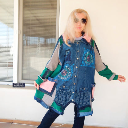 Plus Size Upcycled Denim Patchwork Jacket, 3XL Boho Festival Duster Coat