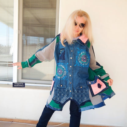 Plus Size Upcycled Denim Patchwork Jacket, 3XL Boho Festival Duster Coat