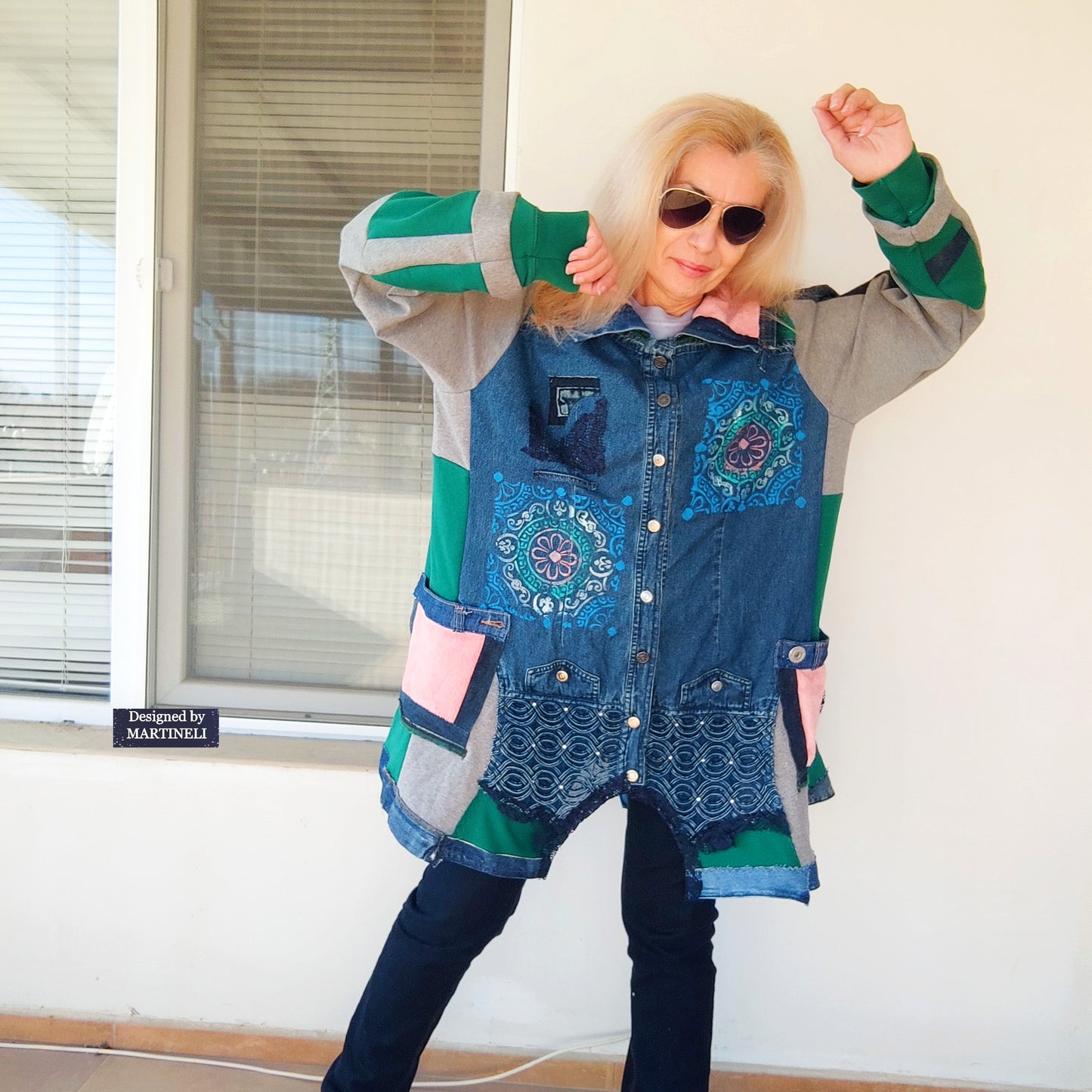 Plus Size Upcycled Denim Patchwork Jacket, 3XL Boho Festival Duster Coat